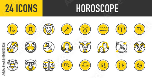 24 Horoscope icons. such as Scorpio, Taurus, Libra, Virgo, Leo, Pisces, Cancer, Capricorn, Gemini, Sagittarius, Taurus, Aquarius, Aries vector stroke illustration.