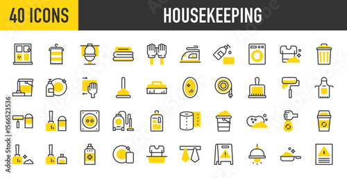 40 Housekeeping icons. such as Wet Floor, Towels, Laundry, Mirror, Electric Panel, Ceiling Lamp, Windows, Washing Dishes, Liquid Soap, Broom, Vacuum Cleaner, Wiping vector stroke illustration.