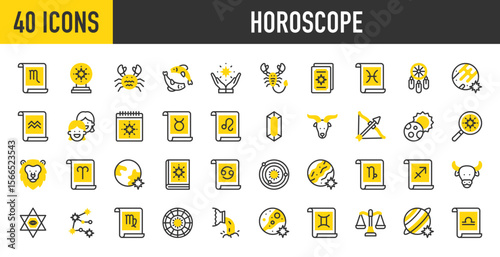 40 Horoscope icons. such as Water, Lion, Search, Scale, Tarot Card, Pisces, Taurus, Aquarius, Capricorn, Constellation, Crystal, Crystal Ball, Dreamcatcher, Earth vector stroke illustration.