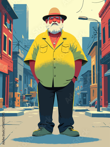 lazy man standing in street with a cheap sagging button-up shirt 