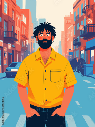 lazy man standing in street with a cheap sagging button-up shirt 