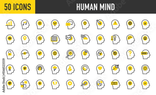 50 Human mind icons. such as Alert, Insecure, Protection, Security, Question, Analytics, Sad, Development, Brain, Sick, Happy vector stroke illustration.