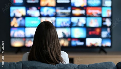 A person watches multiple streaming service screens on a large TV from a couch, highlighting modern digital entertainment consumption at home.