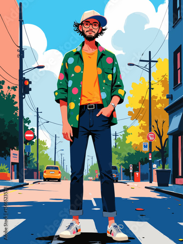 lazy man standing in street with a cheap sagging button-up shirt 