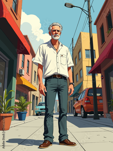 lazy man standing in street with a cheap sagging button-up shirt 