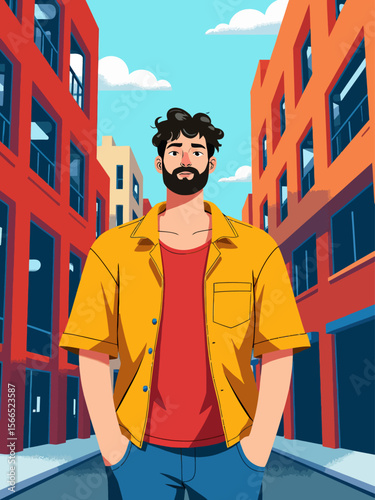 lazy man standing in street with a cheap sagging button-up shirt 