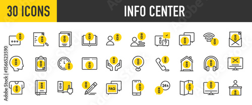 30 Info center icons. such as Info, Tshirt, Book, User, Open Book, Information Point, Pencil, Email vector stroke illustration.