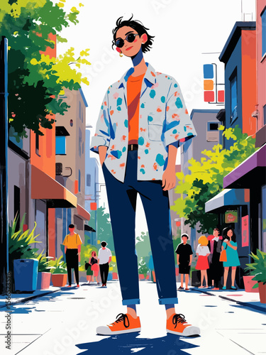 lazy man standing in street with a cheap sagging button-up shirt 