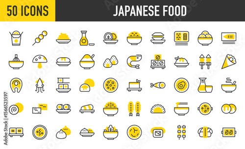 50 Japanese food icons. such as Matcha Tea, Shaved Ice, Prawns, Dim Sum, Uramaki, Tempura, Bento, Yakisoba, Miso, Kimchi, Dango, Shoyu , Mackerel, Maki, Mochi, Shiitake illustration.