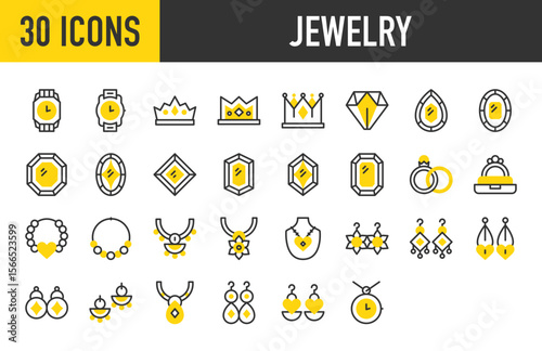 30 Jewelry icons. such as Diamond, Gem, Earrings, Necklace, Crown, Bracelet, Monarchy, Ring, Watch vector stroke illustration.
