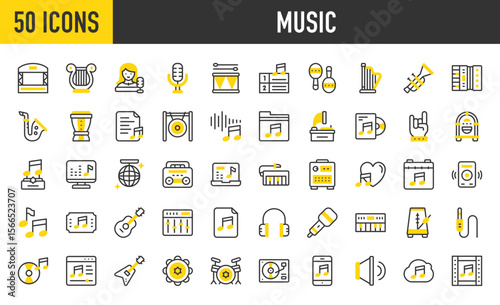 50 Music icons. such as Voice, Sound, Acoustic Guitar, Equalizer, Music, Metronome, Lyric, Musical Note, DJ, Accordion, Djembe, Drum Set, Gong, Gramophone, Harp vector stroke illustration.