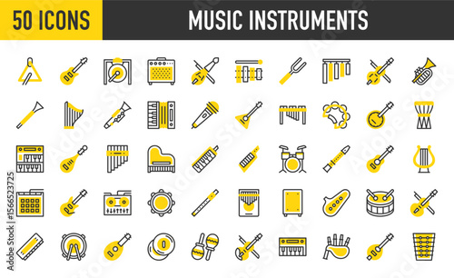 50 Music instruments icons. such as Viola, Cajon, Microphone, Electric Guitar, Chimes, Kalimba, Harmonica, Snare, Lute, Cymbals, Maracas, Violin, Keyboard vector stroke illustration.