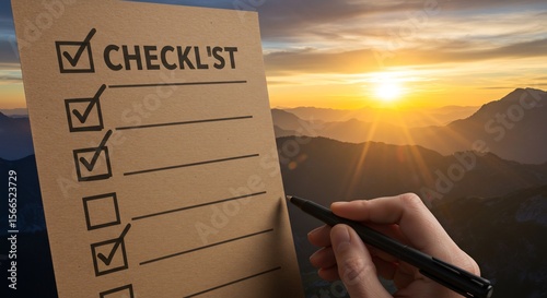 Checklist Against Sunrise: Task Completion and New Beginnings Concept