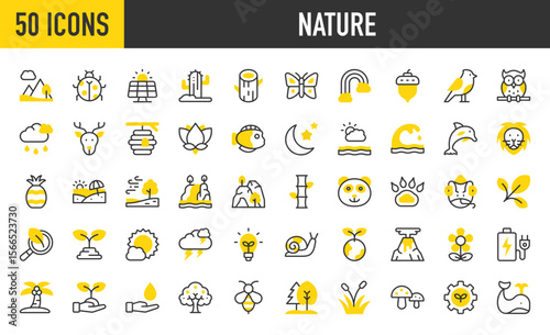 50 Nature icons. such as Power Bank, Forest, Research, Mountain, Fruit Tree, Waterfall, Environment, Snail, Bird, Gear, Owl, Log, Plant Leaf, Lotus Flower, Solar Panel vector stroke illustration.