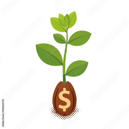  Sprouting Plant from Dollar Seed with Unfolding Leaves, Flat Growth Vector