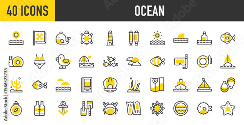 40 Ocean icons. such as Ship, Fish, Beach, Shark, Shells, Seaweed, Waves, Sun, Porthole, Anchor, Fins, Helm, Life Vest, Lifesaver, Lighthouse, Oars, Ocean, Pirate Flag vector stroke illustration.