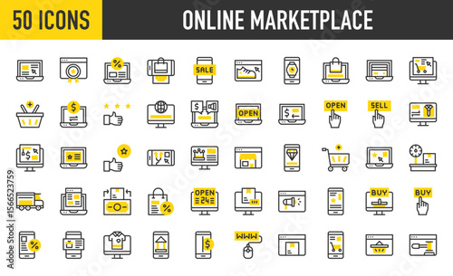 50 Online marketplace icons. such as Shopping Cart, Award, Globe, Order, Webpage, Laptop, One Star, Diamond, Sale, Review, Discount, Www, Delivery Truck, Online, Open vector stroke illustration.