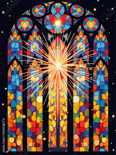 the stained glass style design, featuring vibrant fireworks as the main motif, colorful and intricate glass patterns, radiant light shining through the glass