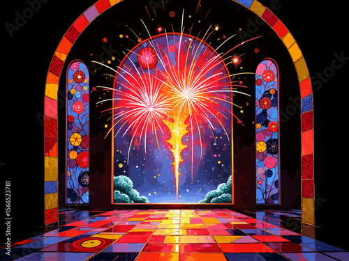 the stained glass style design, featuring vibrant fireworks as the main motif, colorful and intricate glass patterns, radiant light shining through the glass