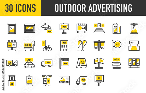 30 Outdoor advertising icons. such as LED, Ads, Mupi, Roll Up, Megaphone, Boarding, Roadshow, Poster, Store Sign, Billboard, Bike, Bow Flags, Document, Aircraft vector stroke illustration.