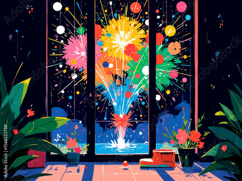 the stained glass style design, featuring vibrant fireworks as the main motif, colorful and intricate glass patterns, radiant light shining through the glass