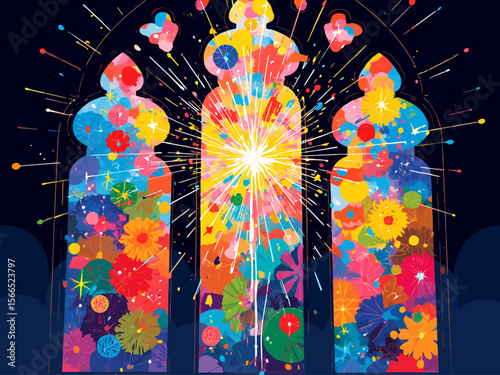 the stained glass style design, featuring vibrant fireworks as the main motif, colorful and intricate glass patterns, radiant light shining through the glass