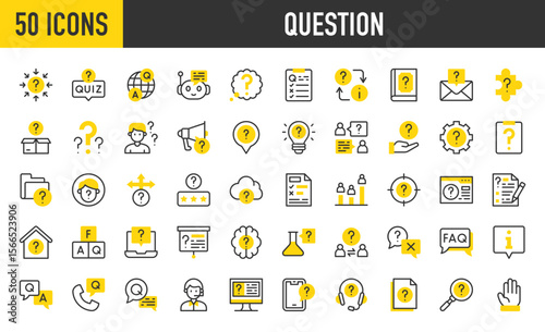 50 Question icons. such as QA, Quiz, Light Bulb, Question Sign, Chatbot, Confused, Magnifying Glass, Mystery, Wrong, Communications, Faq, Hand, Consulting vector stroke illustration.