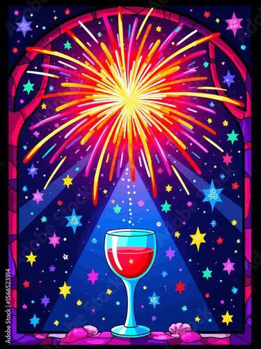 the stained glass style design, featuring vibrant fireworks as the main motif, colorful and intricate glass patterns, radiant light shining through the glass