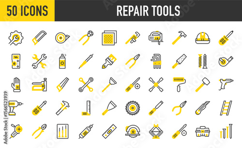 50 Repair tools icons. such as Repair, Paint Brush, Screws, Ladder, Wire Cutter, Screwdrivers, Drill, Level, Wheel Saw, Car Jack, Screwdriver, Toolbox, Nails, Handsaw vector stroke illustration.
