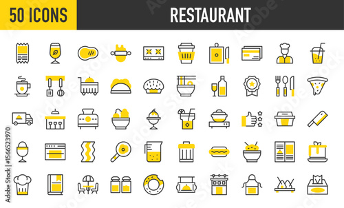 50 Restaurant icons. such as Cutlery, Recommended, Food Container, Dustbin, Chef, Credit Card, Menu, Cake, Chef Hat, Terrace, Salt And Pepper, Donut, Apron, Sushi vector stroke illustration.