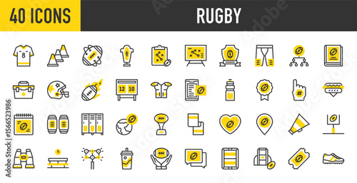 40 Rugby icons. such as Locker Room, Strategic Plan, Lighting, Football Jersey, Ticket, Sleeping Mat, Bench, First Aid Kit, Goal Post, Heart, Helmet, Hotdog, League vector stroke illustration.