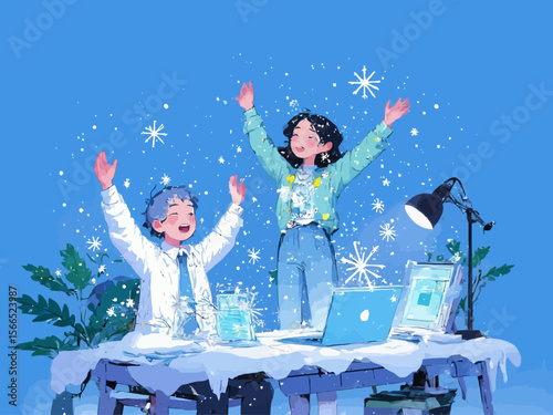 a clean modern aesthetic a happy person with raised arms celebrating next to a laptop on a desk, legs under the desk