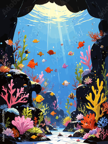 vibrant coral reef scene underwater, filled with many colorful tropical fish, intricate glass patterns