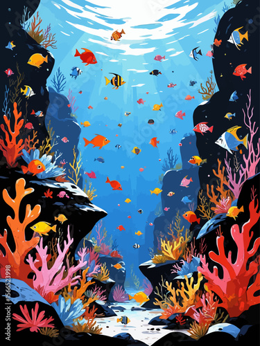  vibrant coral reef scene underwater, filled with many colorful tropical fish, intricate glass patterns