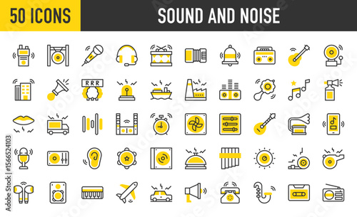 50 Sound and noise icons. such as Microphone, Sound Waves, Factory, Noise, Hear, Speaking, Music, Clock, Aeroplane, Headphone, Cassette, Accordion, Cruise Ship, Disk vector stroke illustration.