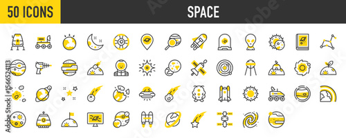 50 Space icons. such as Atmosphere, Comet, Star, Milky Way, Alien, Nebula, Space Gun, Constellation, Space Station, Falling Star, Book, Rocket Launch, Research, Gravity vector stroke illustration.