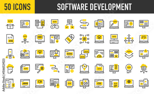 50 Software development icons. such as Soc, Flow Chart, Optimization, Layer, Workflow, Responsive, Alert, Drivers, Merge, Quality, Malware, Hierarchical Structure vector stroke illustration.