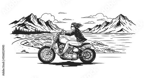 Adventure motorcycle ride by mountain landscape vector illustration