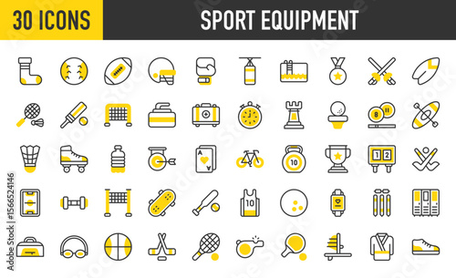 30 Sport equipment icons. such as Medal, Tennis, Poker Cards, Kayak, Locker, Dumbbells, Bycicle, Rollerskate, Ice Hockey, Medical Kit, Net, Bowling, Score Board vector stroke illustration.
