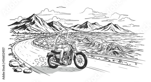 Adventure motorcycle ride along coastal highway with mountains in black and white vector illustration