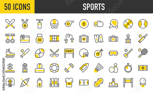 50 Sports icons. such as Start Line, Basketball, Dumbbell, Dart Board, Tennis, Criquet, Podium, Medal, Shuttlecock, Bowling, Reward, Tshirt, Boxing Gloves, Cricket vector stroke illustration