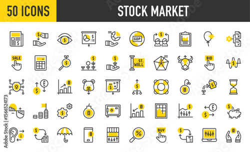 50 Stock market icons. such as Ratio, Protection, Benefit, Gdp, Transaction, Investing, Stock, Hourglass, Risk, Trend, Market Fluctuation, Newspaper , Bid, Find vector stroke illustration.