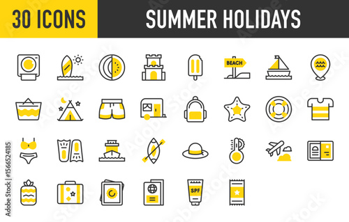 30 Summer holiday icons. such as Backpack, Camping Tent, Sun Protection, Ice Pop, Airplane, Canoe, Caravan, Fins, Hat, Lifesaver, Passport, Photo Camera vector stroke illustration.