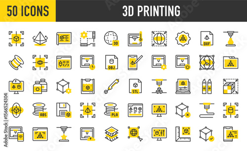 50 3d Printing icons. such as Stl, Resize, Measurement, Development, Filament, Abs, Failed, Obj, Prototype, Pla, Save, Select, Monitor, Setting, Blueprint, 3d, Browser vector stroke illustration.