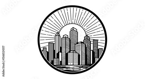 Urban cityscape in sunburst circle vector illustration for posters and cards