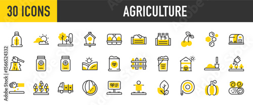 30 Agriculture icons. such as Leaves, Fences, Trees, Greenhouse, Wheat, Watering Can, Shovel, Clouds, Jam, Vegetables, Plant, Hay, Honey, Hose, Milk, Pumpkin, Sack vector stroke illustration.