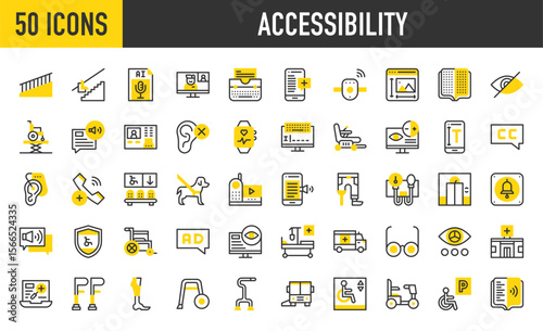 50 Accessibility icons. such as Impairment, Ramp, Color Blindness Test, Hearing, Service Dog, Wheelchair, Eyeglasses, Hearing Aid, Stair , Medical App, Prothesis vector stroke illustration.