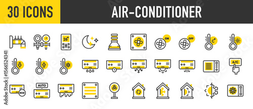 30 Air conditioner icons. such as Sun, Ventilation, Remote Control, Thermometer, Moon, Air Conditioner, Home, Fan, Hood, Pressure Gauge vector stroke illustration.	
