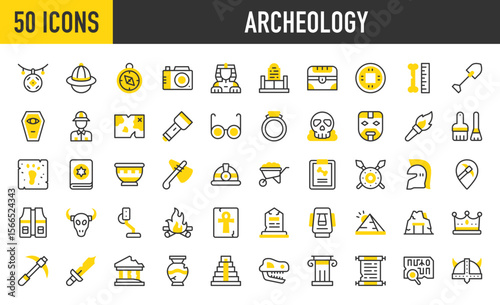 50 Archaeology icons. such as Inscription, pin, goals, campfire, pottery, scroll, report, ancient Greece, map, grave, fossil, wheelbarrow, temple, torch, pyramid, pickax vector stroke illustration.