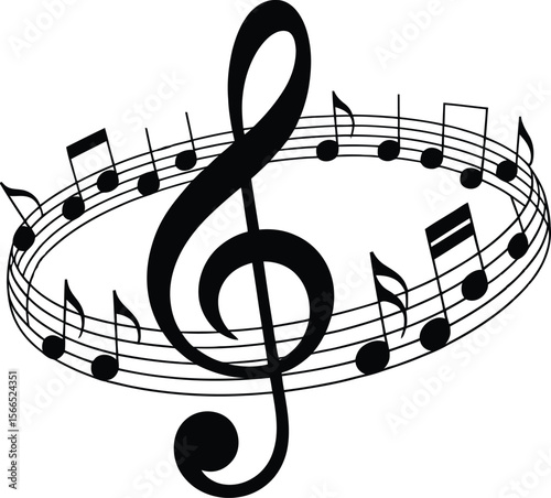 Musical notes and treble clef arranged in a circular pattern on a white background